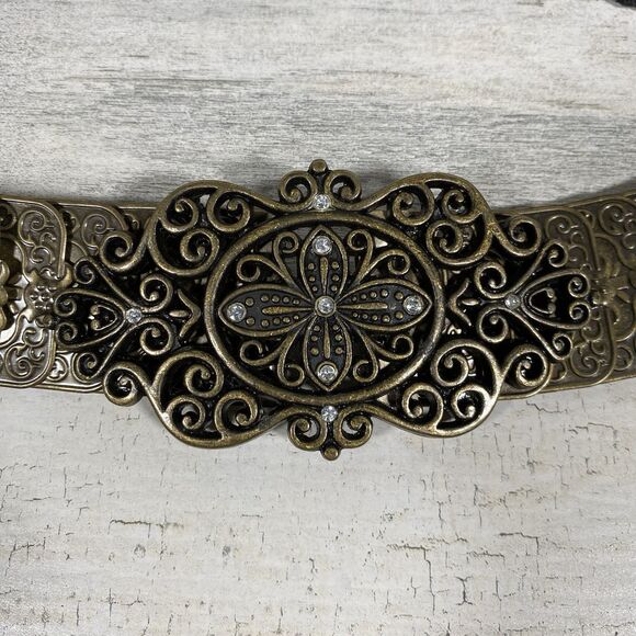 Vintage Gold Bronze Tone Metal Scalloped Fish Scale Stretch Belt Boho Festival - Picture 3 of 8